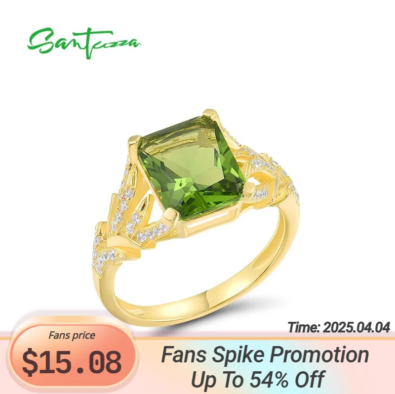 

SANTUZZA Pure 925 Sterling Silver Ring For Women Sparkling Green Glass White Cubic Zirconia Yellow Plated Party Fine Jewelry