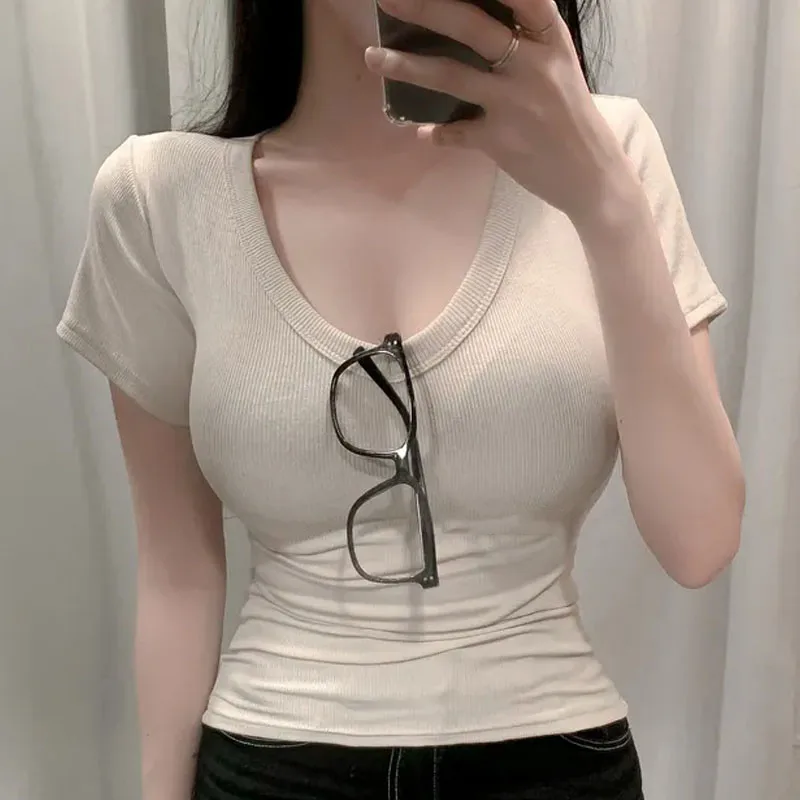 2026 Short Sleeve T-Shirt Women Solid Simple Casual Soft All-Match Basic Crop Tops Tees Summer Fashion Skinny Tops Black White image 6