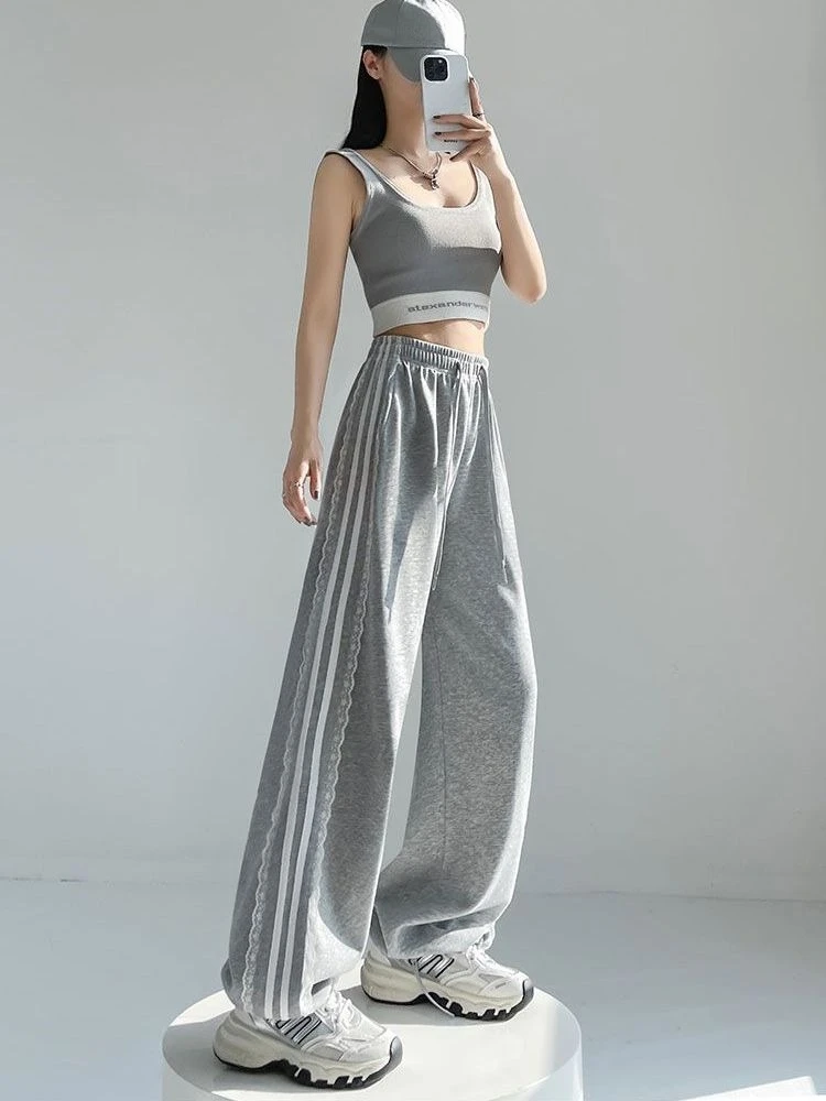 2026 Autumn Korean Style Lace Patchwork Wide Leg Sweatpants Women Loose Casual Dance Sport Trousers Harajuku Streetwear