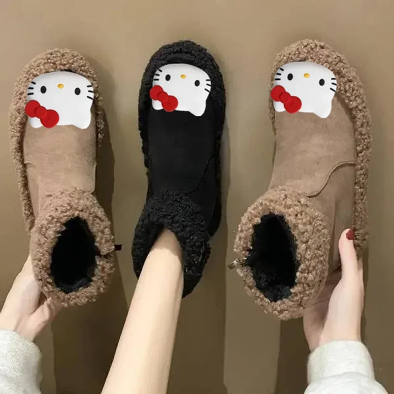 여성용 플랫 부츠 신발 안티 스키 양 컬 울 Sanrio 헬로 키티 겨울 캐주얼 신발 새로운 열 양털면 신발