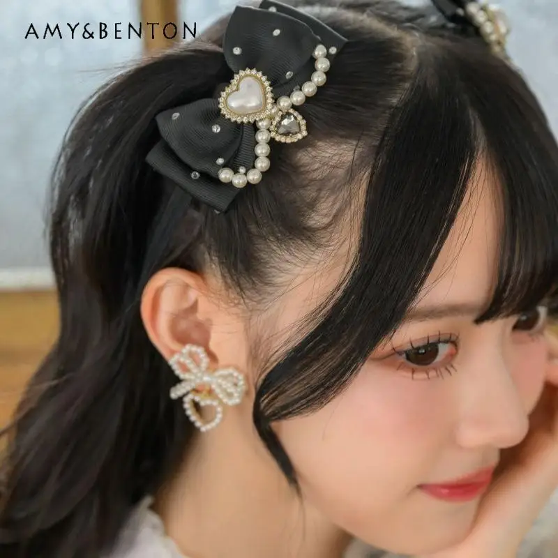 Handmade Sweet Japanese Temperament Beaded Bow Love Diamond Pendant Hair Accessories Women Cute Mine Lolita Hair Clips for Girls