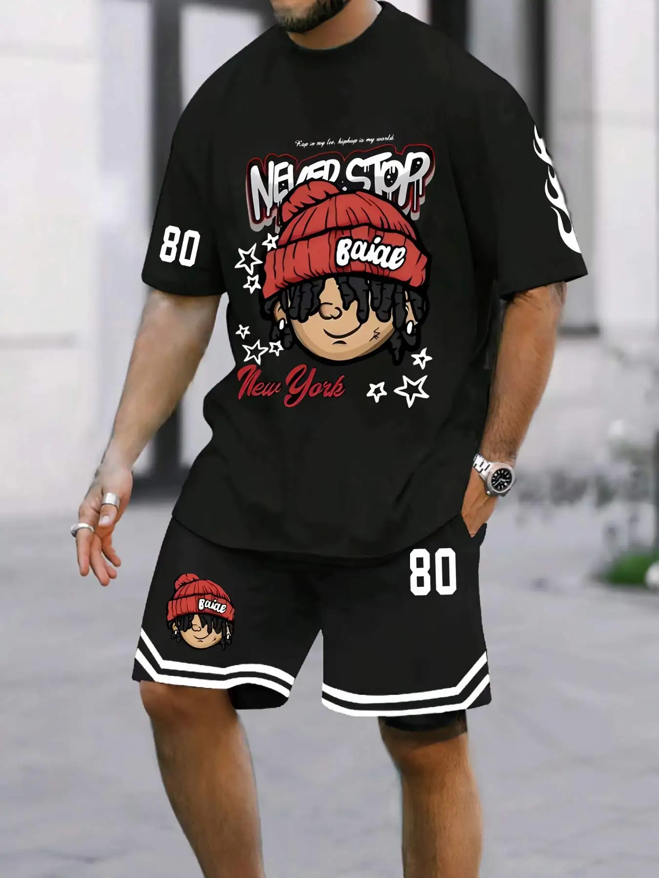 

Men's Summer Set Hip Hop Streetwear Trendy Rap Style Breathable Loose Fit Letter Number Print T-Shirt Shorts 2 Piece Outfit