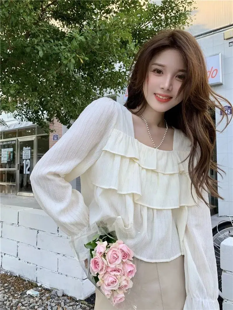 Blouses Women Spring New Design Ruffles Aesthetic Solid Clothing Tops Square Collar BF Sweet Leisure All-match Breathable Femme