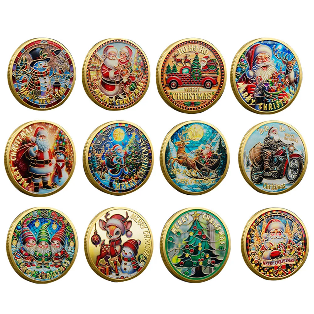12pcs Merry Christmas Challenge Coins Set in Box Xmas Tree Snowman Souvenir Coins Festive Collectible Coin For Families Friends