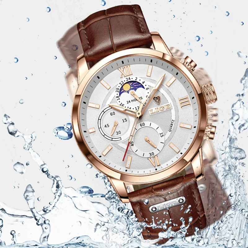 LIGE Fashion Brown Leather Watches For Men Casual Business Men Quartz Watch Waterproof Luminous 24 Hour Moon Phase Chronograph