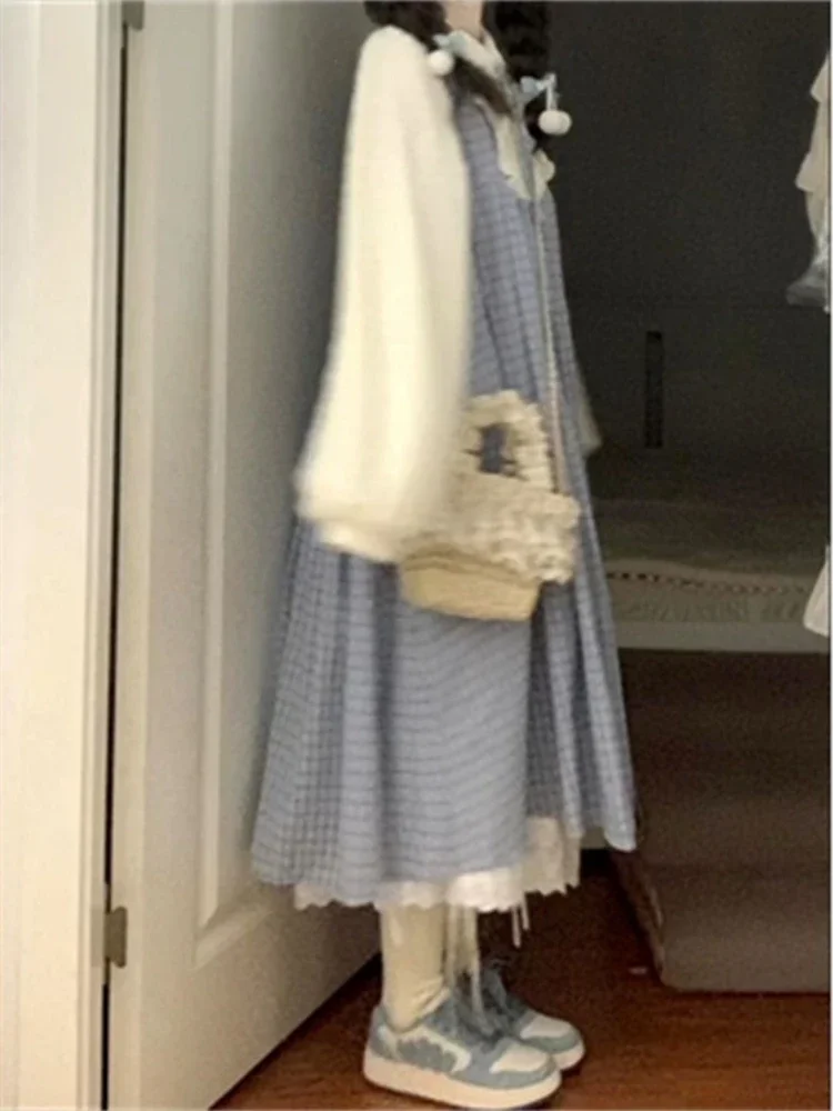Doux fille japonaise Femme robes décontractées Chic faux deux couleurs contrastées Plaid imprimé Robe Femme Preppy Style doux volants Robe