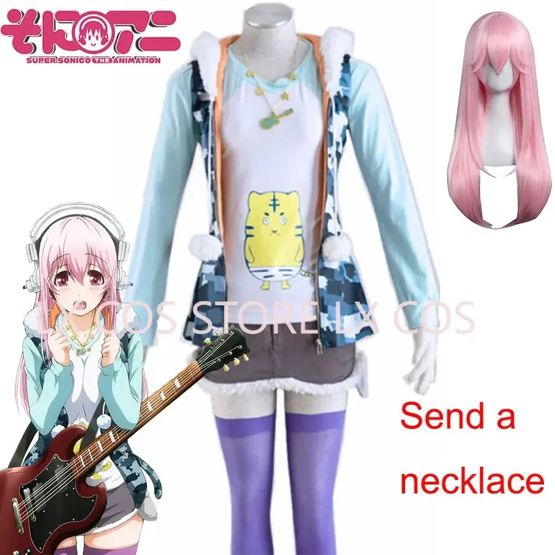 Anime Super Sonico ropa disfraz orejas de gato Sudadera con capucha (chaqueta camiseta Skrit) conjunto