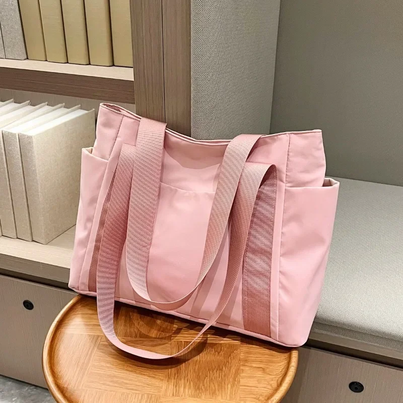 2024 New Women\'s Japanese Solid Color Tote Bag Single Shoulder Casual Simple Mommy Going Out Bag Canvas Portable Simple