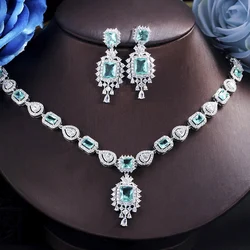 ThreeGraces Delicate Light Green Cubic Zirconia Geometric Square Earrings Necklace Wedding Party Jewelry Set for Brides TZ699