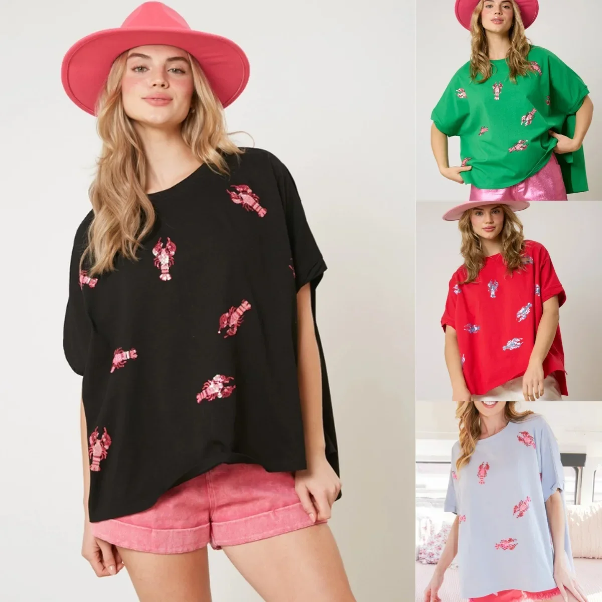 2024 Spring and Summer New European and American Clothing Loose Casual T-Shirt Top Lobster Sequin Short Sleeve