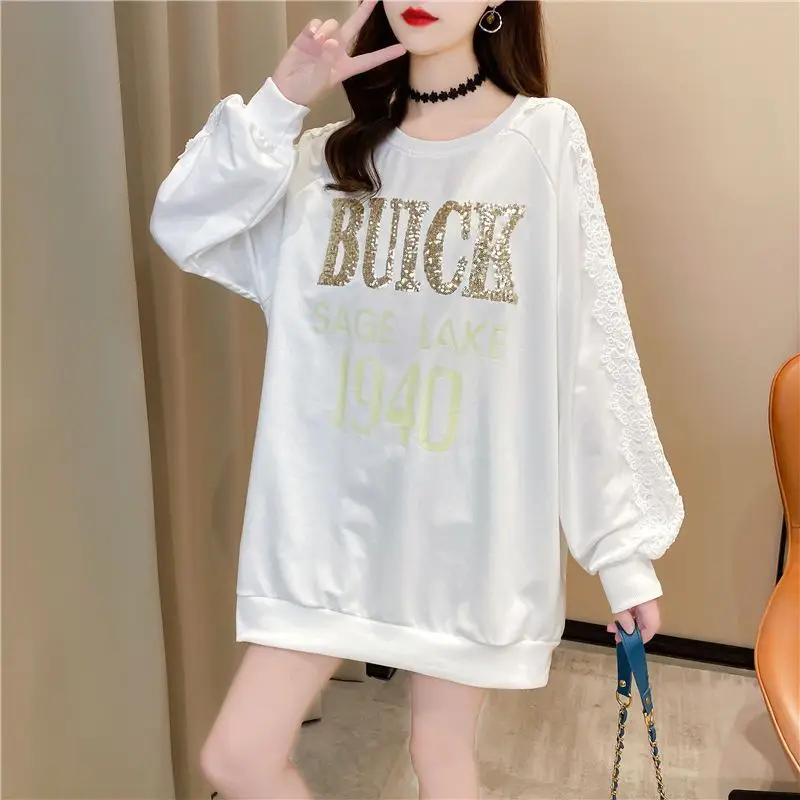 Plus Size Print Letter Hoodies Sweatshirts Spring Autumn Long Sleeve Loose Street Casual Pullovers Fashion Korean Women Clothing