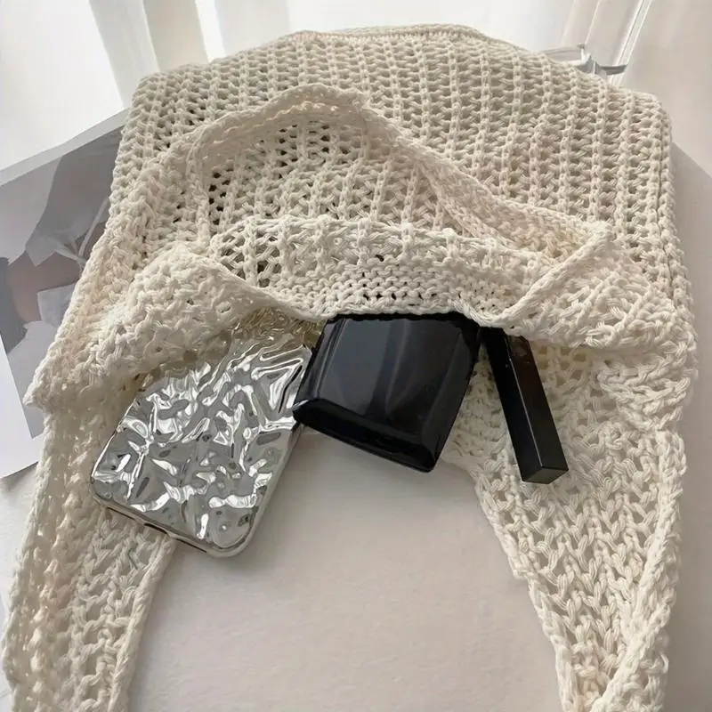 Solid Color Large Capacity Bohemian Knit Shoulder Bag Crochet Hollow Woven Casual Summer Handbag