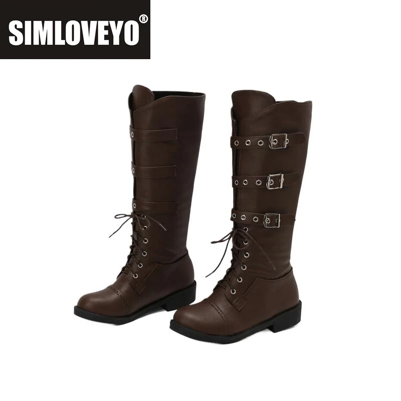 

SIMLOVEYO Женские сапоги до колена с круглым носком на каблуке 3 см, со шнуровкой и пряжками, большой размер 48 US17, вечерние Bota из искусственной кожи, мотоциклетные поездки