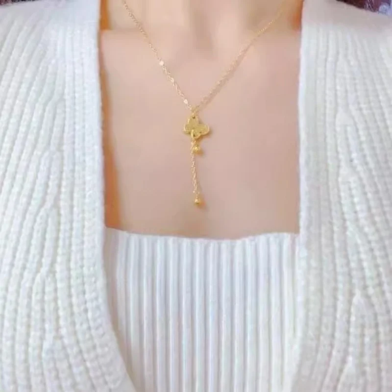 

Fashion AU999 Sparkling Dragon Scale Butterfly Tassel Necklace for Women 24k Pure Gold Pendant Clavicle Chain Birthday Gift
