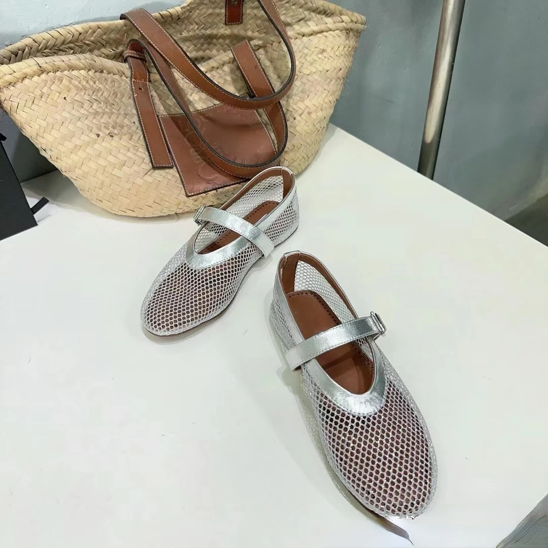 Women's Ballet Flats Silver Hollow Out Fishing Net Shoes 2024 Fashion Designer Round Toe Flat Walking Shoes Mary Jane Sandals