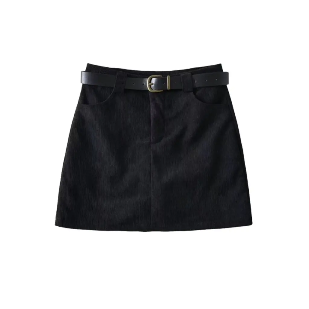 

Women's High Waist A-Line Corduroy Skirt European American Style Anti-Exposure Slim Fit Hip Length Skirt