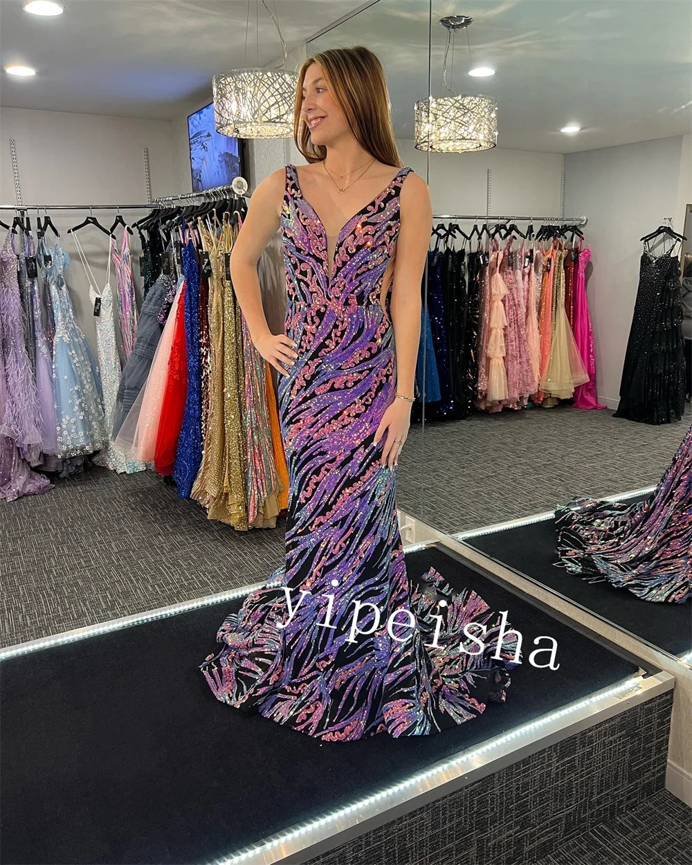 Exquisite High Quality Sparkle Jersey Pattern Celebrity Mermaid V-neck Bespoke Occasion Gown Long Dresses