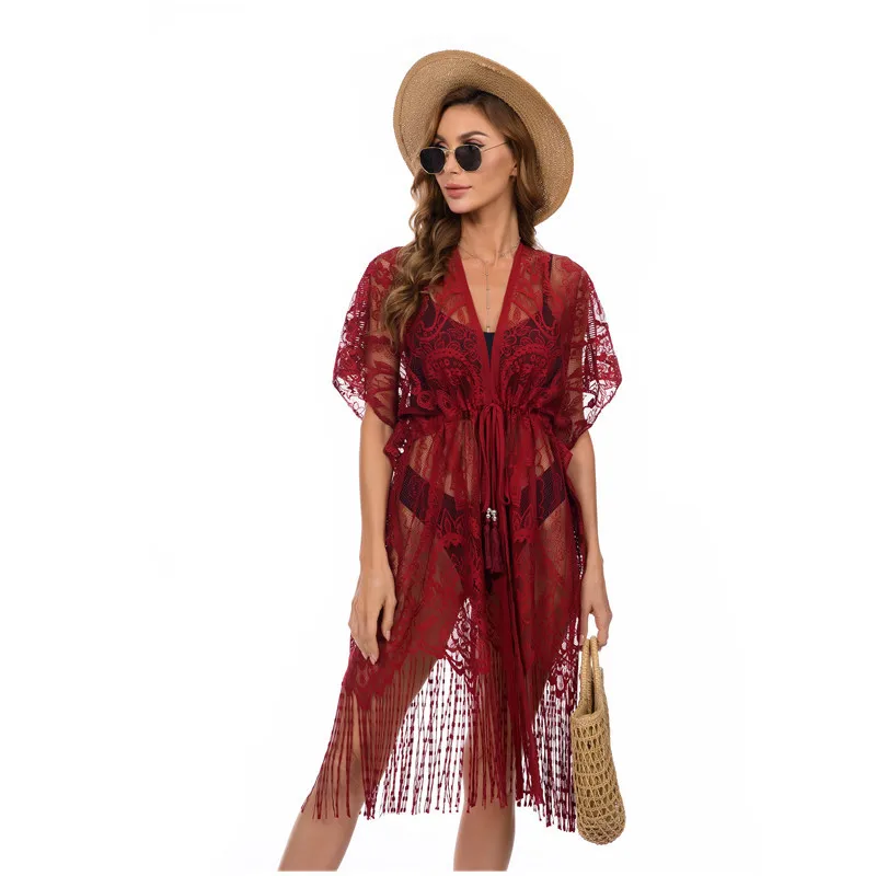 

Lace Beach Skirt Sexy Bikini Blouse Summer Sunscreen Hollow-out Large Size Cardigan Women Seaside Holiday Leisure Fashion Red