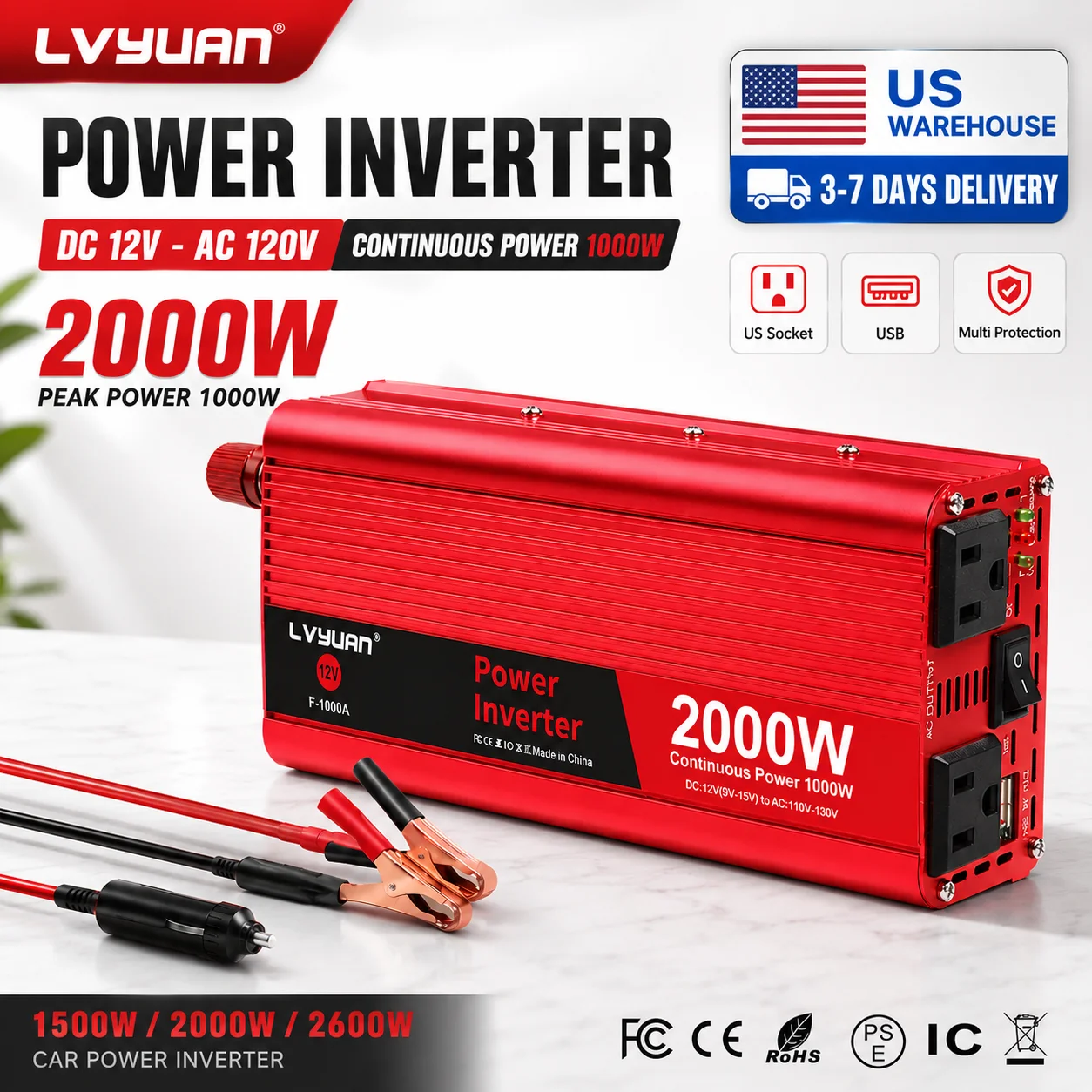 DC 12V AC 120V 1500W/2000W/2600W Peak Power Inverter 2US Sockets USB Charge 60Hz Car Power Voltage Converter Home Car Appliances