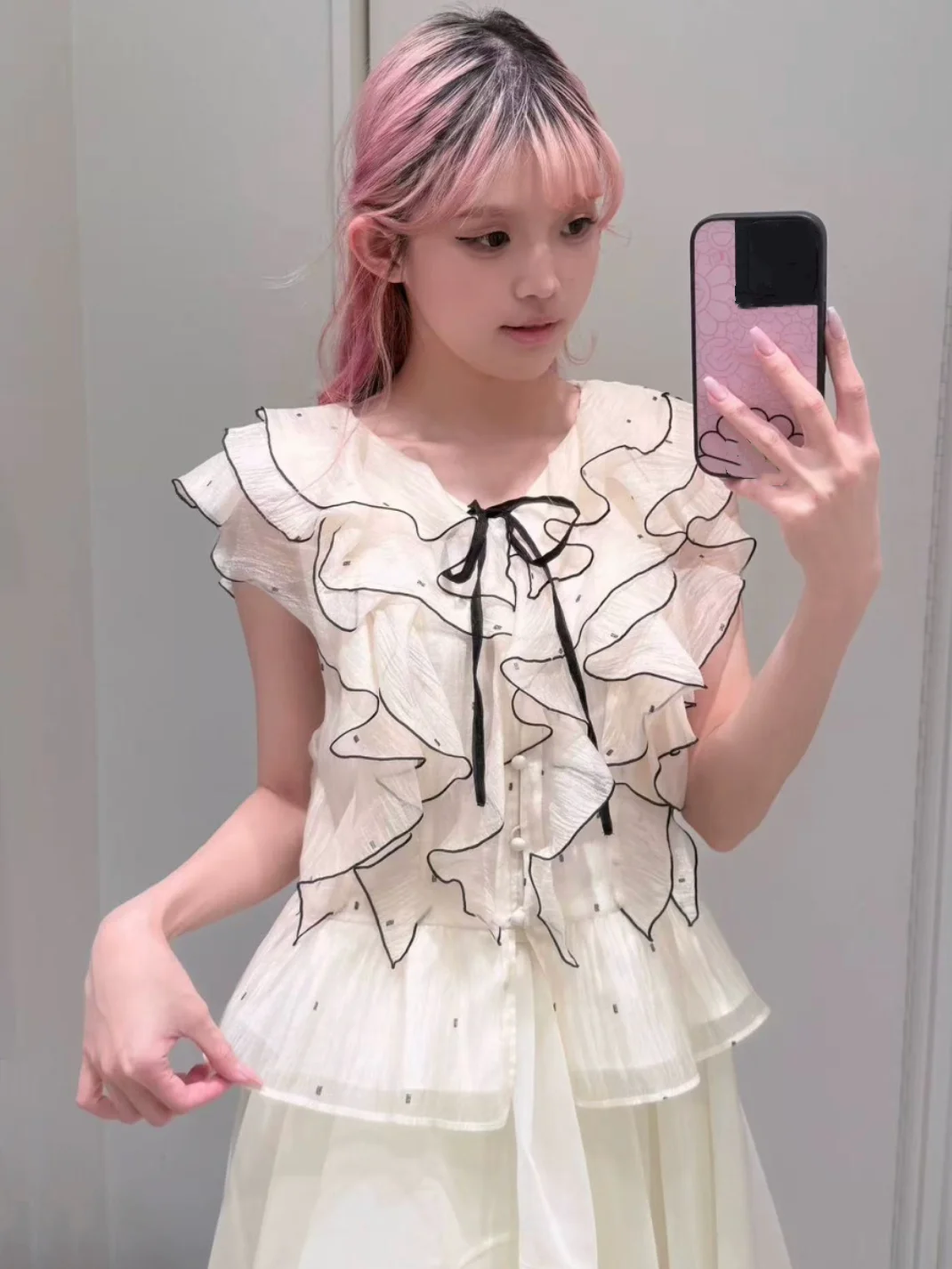 

Sweet Polka Dot Ruffle Sleeveless Shirt Pure Style Breathable Polyester Fiber V-Neck Short Sleeve Women's Summer Top