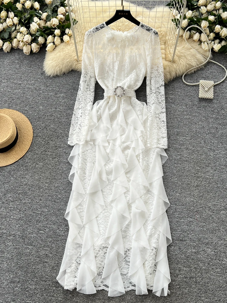 เดรสยาวลายดอกไม้พิมพ์ลายหรูหราสำหรับผู้หญิง ทรงเอไลน์ชายระบาย ผ้าโพลีเอสเตอร์ เอวสูง เหมาะสำหรับฤดูร้อน