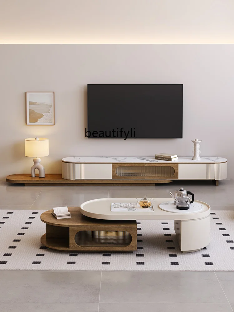 Walnut Color Coffee Table Living Room Home Sofa TV Cabinet Light Luxury Modern Retractable Kung Fu Tea Table Integrated