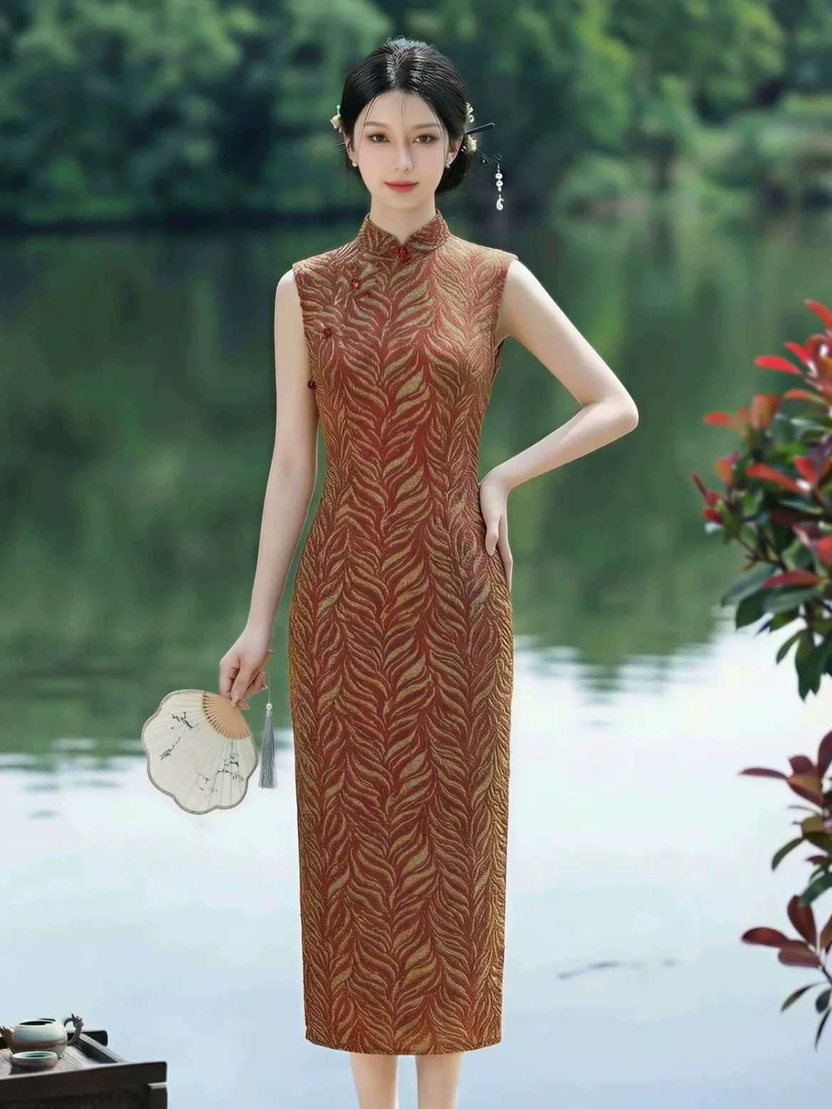 

Chinese Stand Collar Qipao Toast Dress Wedding Bride Sleeveless Cheongsam