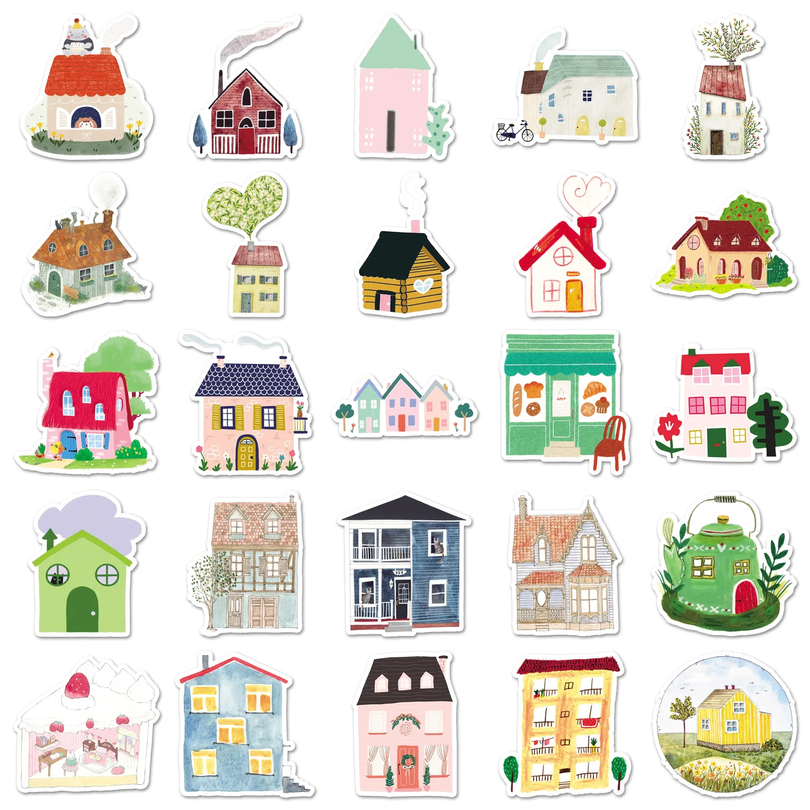 

50PCS Hand-painted House Stickers Cartoon Building Houses Decorative Hand Account Water Cup iPad Waterproof Stickers Kids Toy