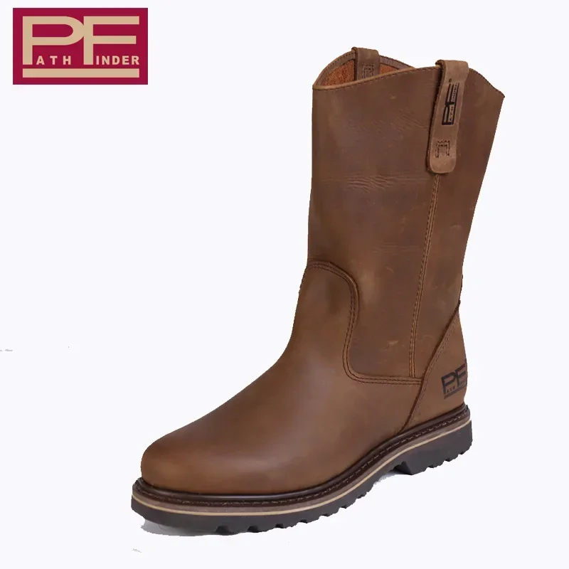 Pf Cow Men's Genuine Leather Motorcycle Boots Goodyear-Welted Winter Retro Western Cowboy Boots Women Knee-High Snow Boots
