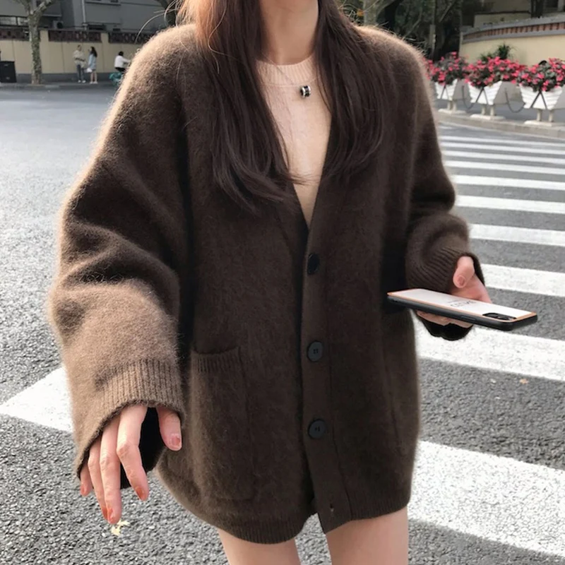 

New Fashion Lazy Style Women V Neck Mohair Soft Sweater Jacket Autumn Winter Single Breasted Knitted Thick Loose Cardigan Coat