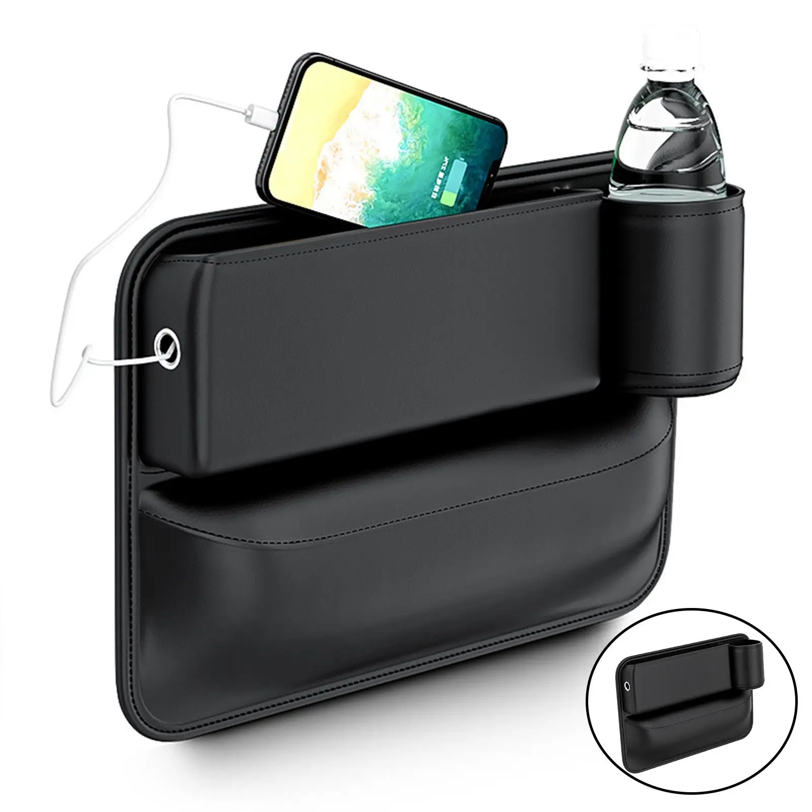 

Наполнитель для зазора между сиденьями автомобиля с держателем для бутылки и отсеком для хранения, подходит для телефона, кошелька, с отверстием для зарядного кабеля, черный