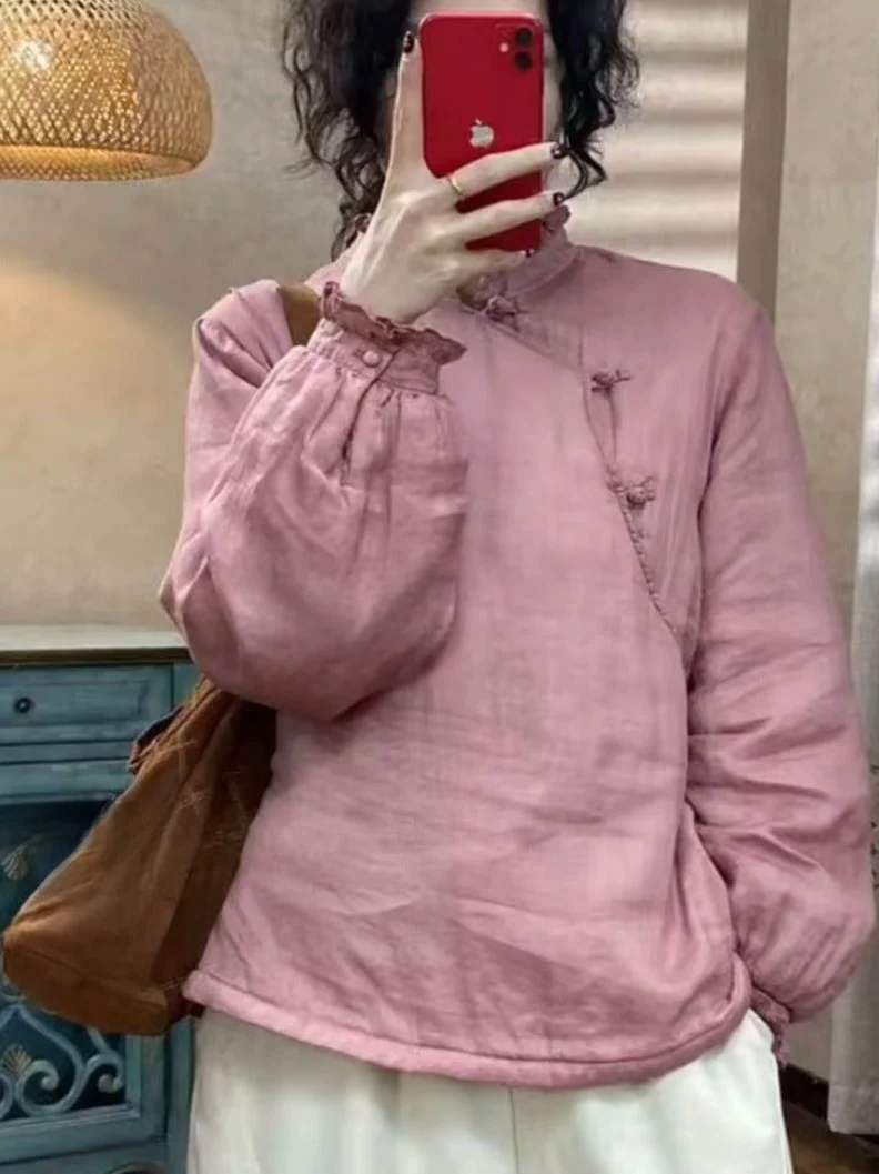 

Autumnal Floral Lace Trim Warm Cotton Coat Women's Sle Asymmetrical Button Design Ethnic Artistic Long Sve Stand Collar