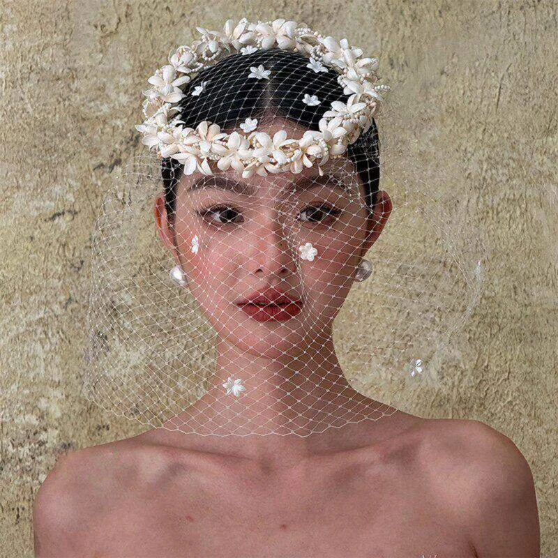 Vintage Bridal Hair Accessories, Face-Covering Evening Gown Styling, Floral Net Veil Hairband