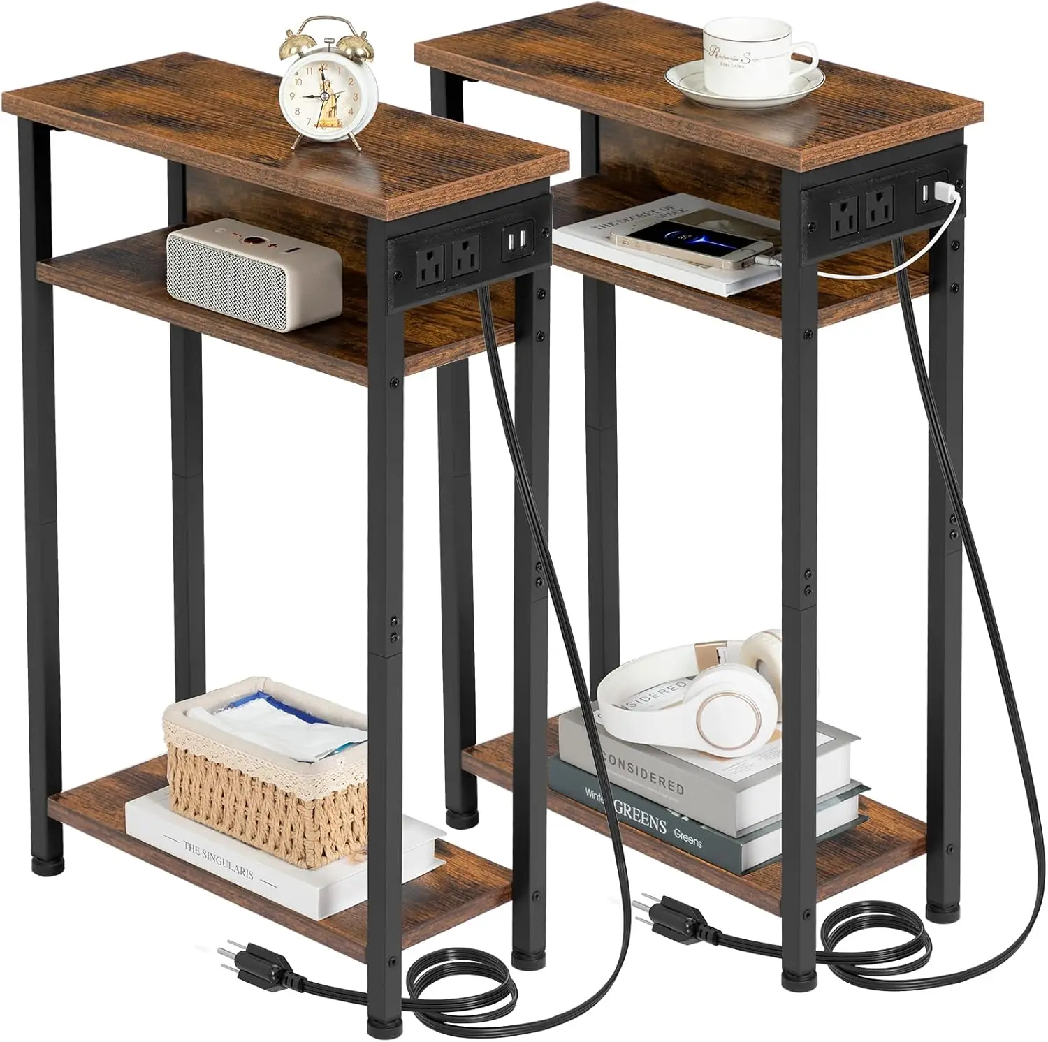 

Narrow Side Table Set of 2 with Charging Station, Small End Tables for Small Spaces, 3-Tier Skinny Side Table, Narrow End Table