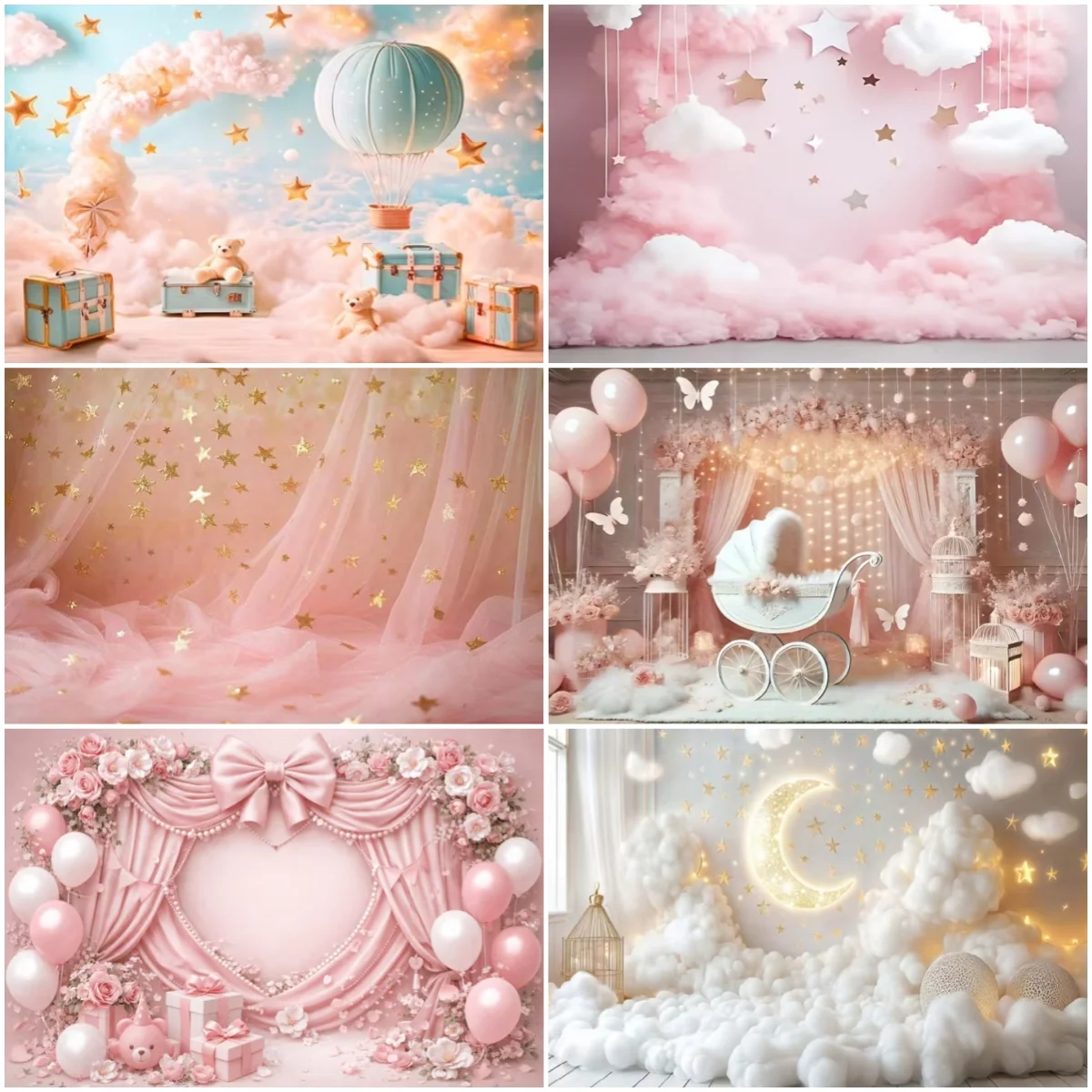 

Newborn Baby Portrait Photography Background Supplies Soft Clouds Balloons Bear Child Birthday Party Backdrop Baby Shower Banner