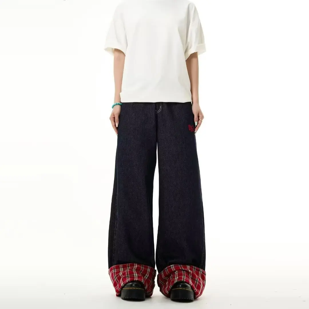 Original niche checkered embroidered spliced rolled edge jeans for men and women, casual straight leg pants  retro stacking feet