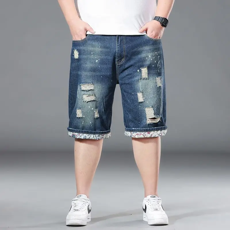 

Plus size 8XL 7XL 6XL men's ripped denim shorts, mid high waist, loose and worn denim shorts, casual summer washed shorts
