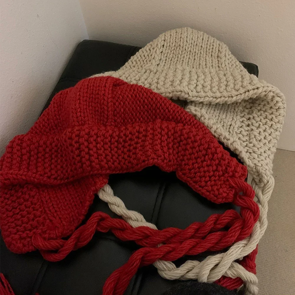 Gorro de lana de gran tamaño hecho a mano, pasamontañas de algodón grueso con cordones, Estilo Vintage coreano, accesorios de Navidad para invierno