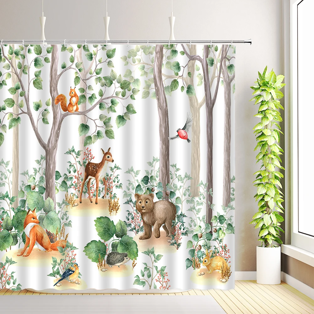 Forest Natural Scenery Shower Curtain Woodland Plant Trees Landscape Wild Animals Bear Deer Fox Bathroom Decor Fabric Curtains