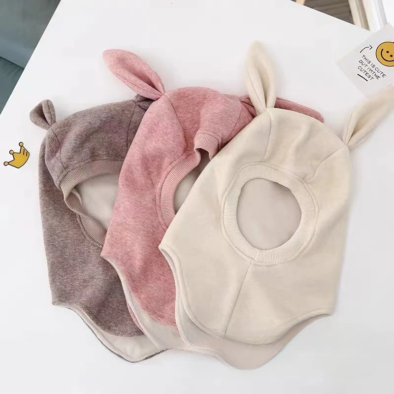 Winter Children\'s Wool Tweed Adjustable Pullover Cartoon Rabbit Ear Guard with Neck Cap Baby Balaklava Hat