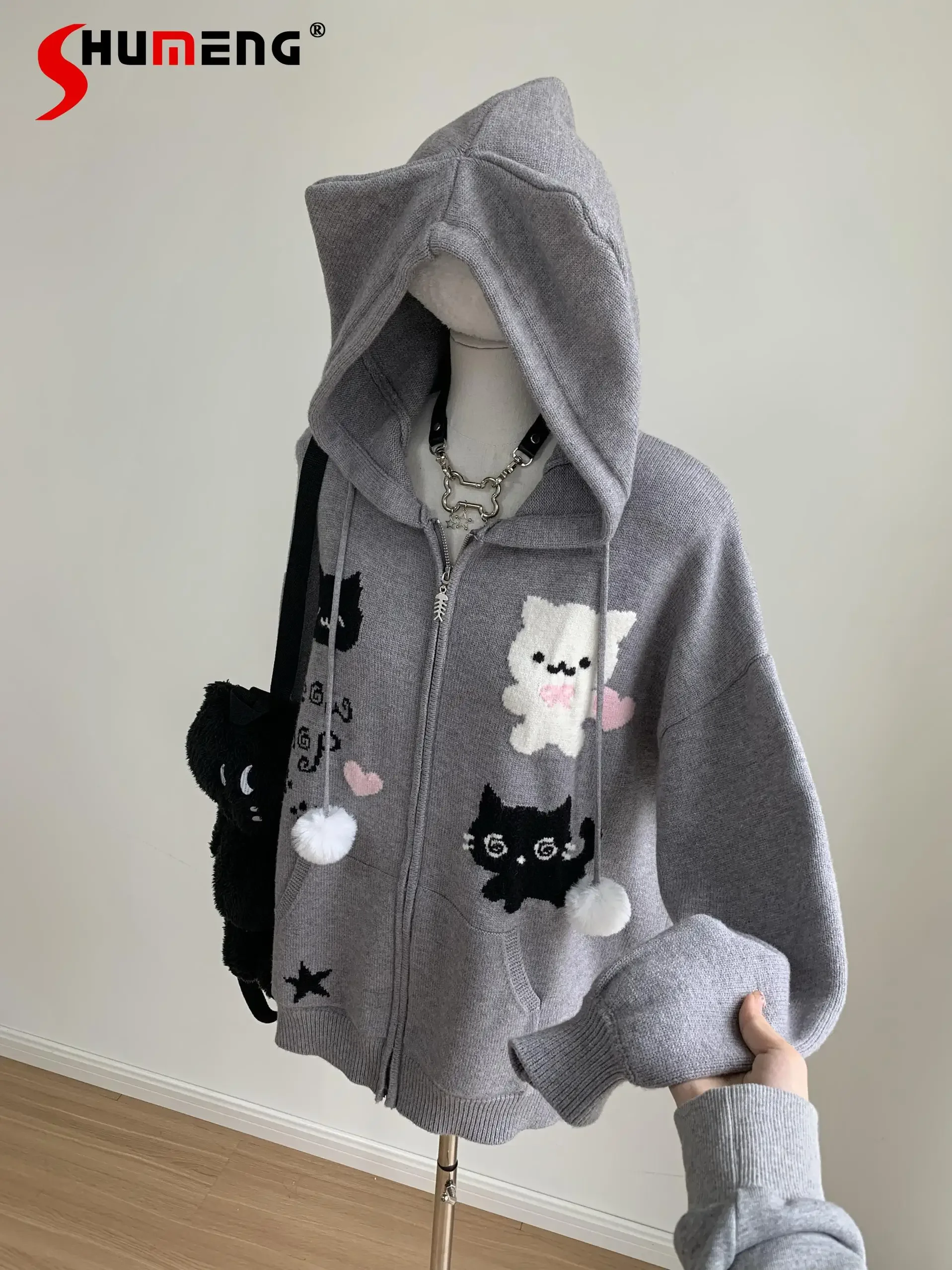 

Japanese Sweet Cute Cartoon Animal Cute Cat Ear Hooded Knitted Sweater Loose Casual Gray Zipper Knitwear Cardigan Women Autumn