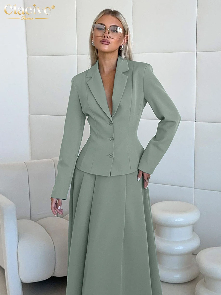 Clacive-Conjunto de 2 piezas holgado para mujer, traje elegante de manga larga con falda larga plisada de cintura alta, color verde