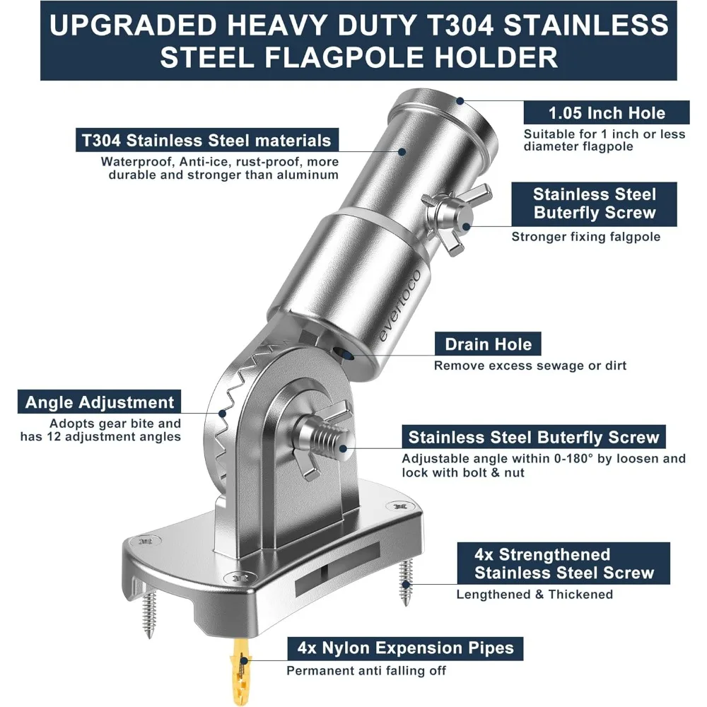 staffa per asta portabandiera in acciaio inossidabile t304 per carichi pesanti - 180 °   Porta bandiera regolabile per casa con due metodi di installazione, fl
