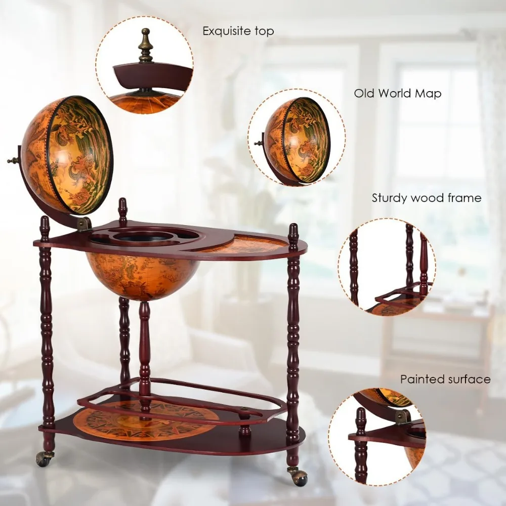 Globe Bar, soporte para wine bar de madera de 34,5 pulgadas con ruedas, estante inferior y mapa del viejo mundo, réplica italiana del siglo 16 Globe Bar Liquo