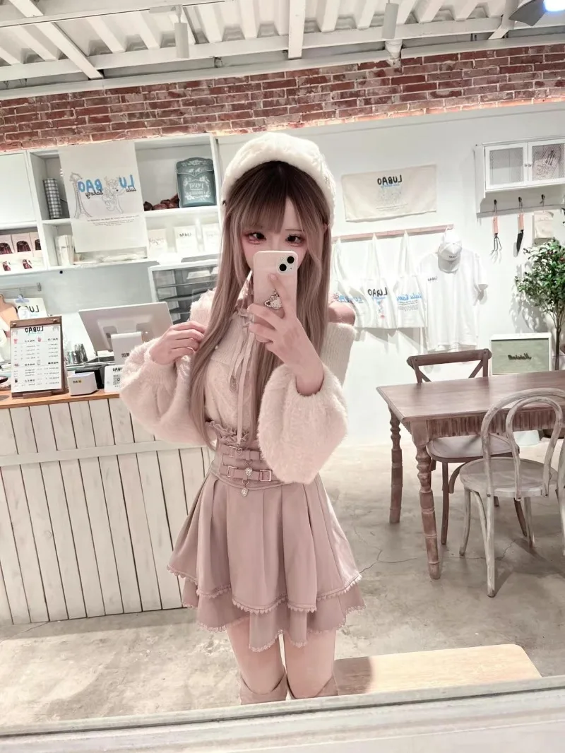 Japanese Style Sweet Lolita Off The Shoulder Sweater+Pink High Waist Skirt Sets Autumn/Winter New Cute Kawaii Clothing for Girls - view 3