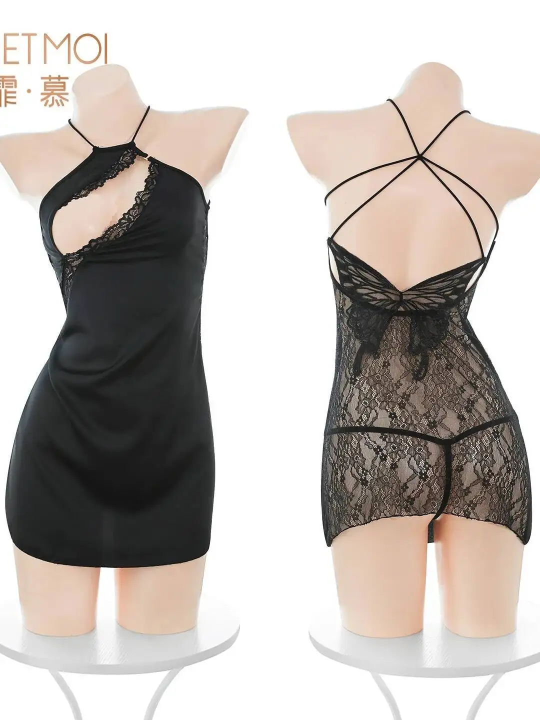 ส่วนบุคคล Hollow Out ก้นหน้าอกสัมผัส Halter ชุดเซ็กซี่ Pure Desire Elegant ตาข่ายลูกไม้ Sheer Mini Dress เซ็กซี่ KC66