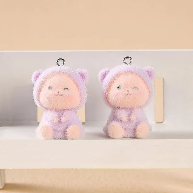 10pcs 3D Kawaii Mini Flocking little bear Charms Resin Cartoon Animal Pendant For Bag Keychain Earring DIY Crafts Jewelry Make