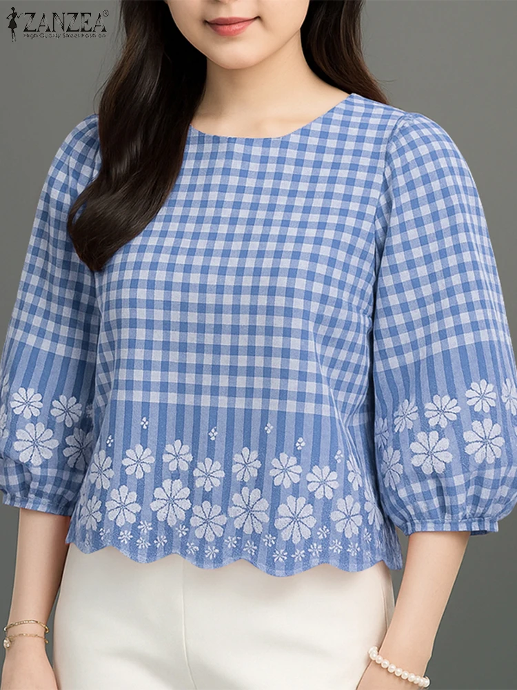 2025 Autumn Floral Pinted Blouse ZANZEA Women Blouses Elegant Fashion Long Sleeve Tops Checked Blusas Female OL Work Shirt Mujer