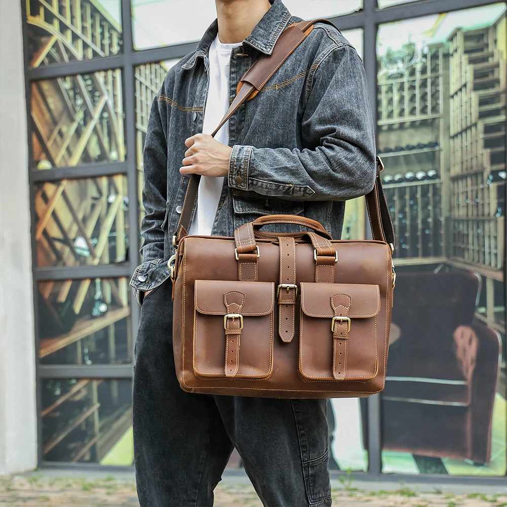 Echt leder Handtasche für Männer große Kapazität 15,6 Zoll eine Schulter Computer tasche verrückte Pferd Leder Retro Business Aktentasche