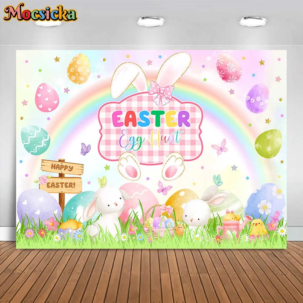 Mocsicka Easter Backdrop Bunny Rabbit Easter Egg Hunt Party Decoration Family Portrait Photography Background Photo Studio Props